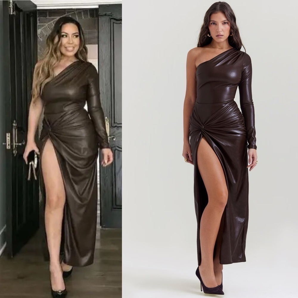 House of CB- Octavia Dress Slit Thigh One Shoulder Maxi Dress Size XS  Brown